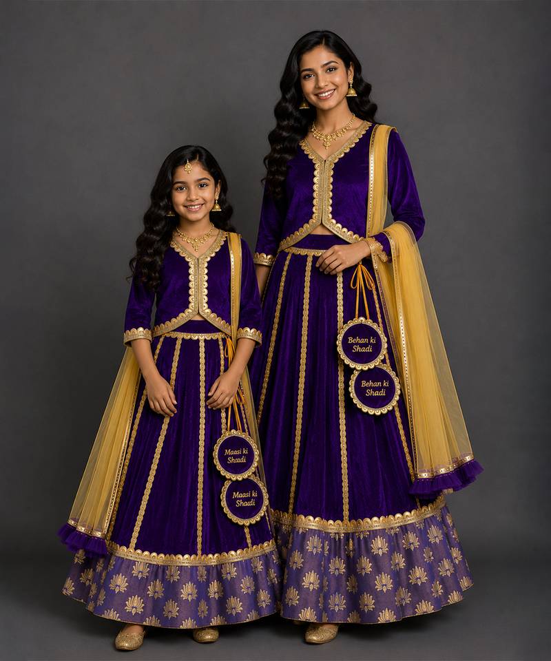 Royal purple embroidered velvet mother daughter lehenga combo set