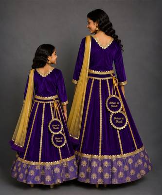 Royal purple embroidered velvet mother daughter lehenga combo set 2