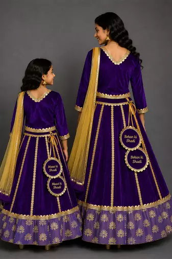 Royal purple embroidered velvet mother daughter lehenga combo set