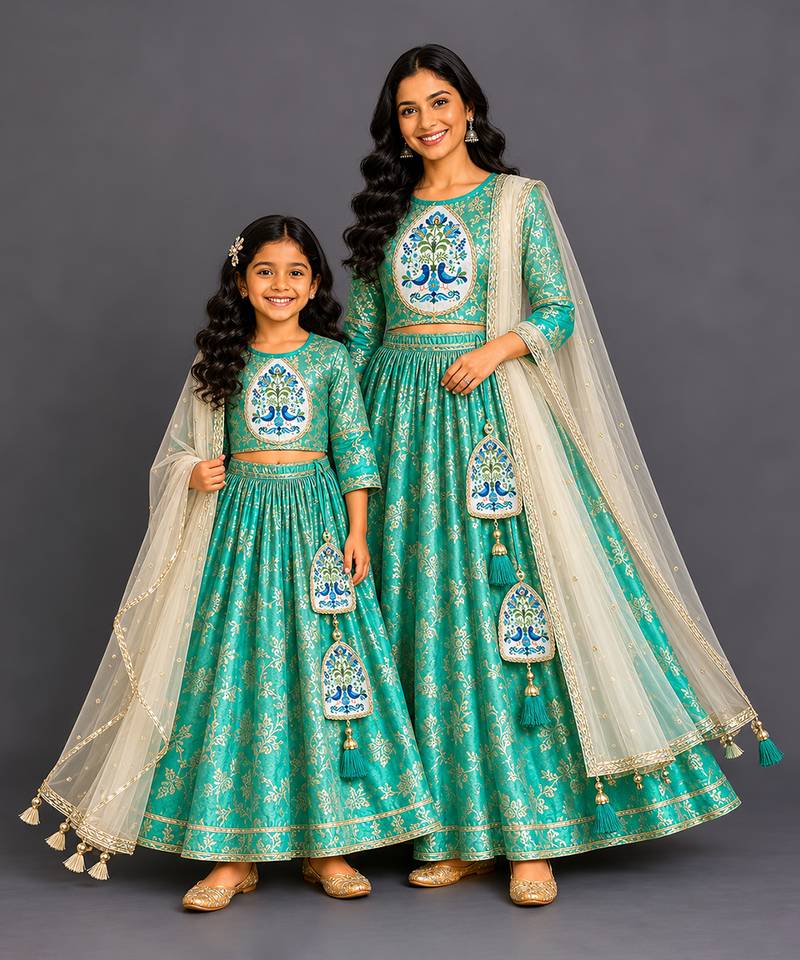 Green embroidered cotton silk mother daughter lehenga combo set