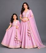 Lavender pink embroidered brocade mother daughter lehenga combo set