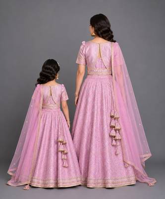 Lavender pink embroidered brocade mother daughter lehenga combo set 2