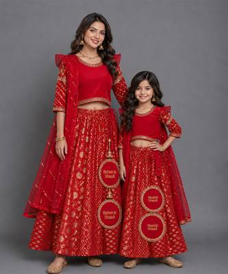 Red embroidered chanderi mother daughter lehenga combo set 1