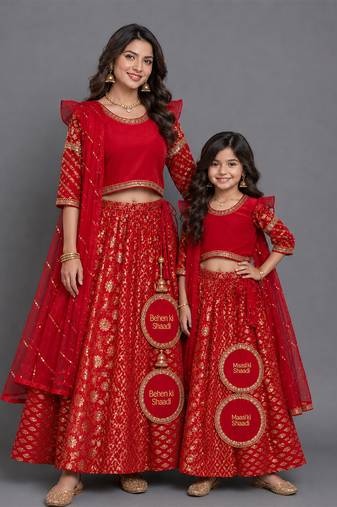 Red embroidered chanderi mother daughter lehenga combo set