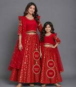 Red embroidered chanderi mother daughter lehenga combo set