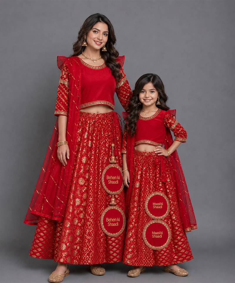 Red embroidered chanderi mother daughter lehenga combo set