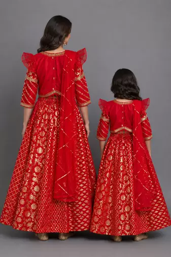 Red embroidered chanderi mother daughter lehenga combo set