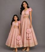 Pink peach embroidered brocade mother daughter lehenga combo set