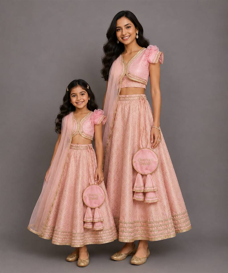 Pink peach embroidered brocade mother daughter lehenga combo set