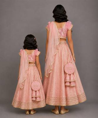 Pink peach embroidered brocade mother daughter lehenga combo set 2