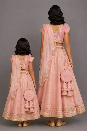 Pink peach embroidered brocade mother daughter lehenga combo set