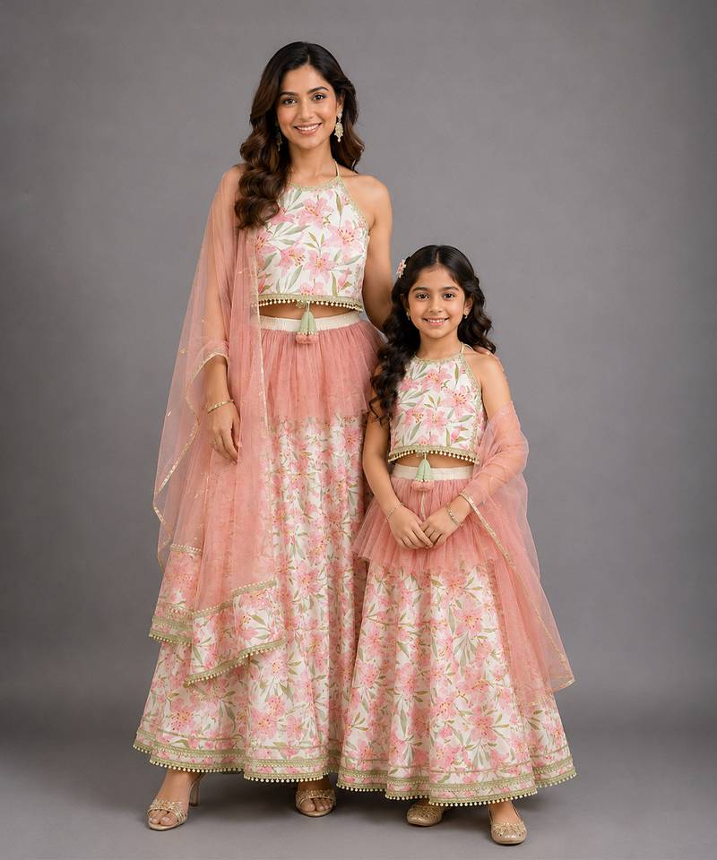 Peach off white tulip printed cotton silk mother daughter lehenga combo set