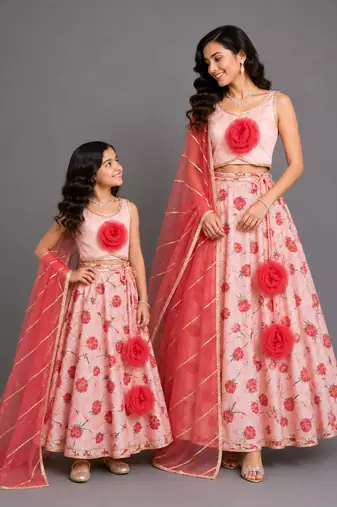 Baby pink printed chanderi mother daughter lehenga combo set