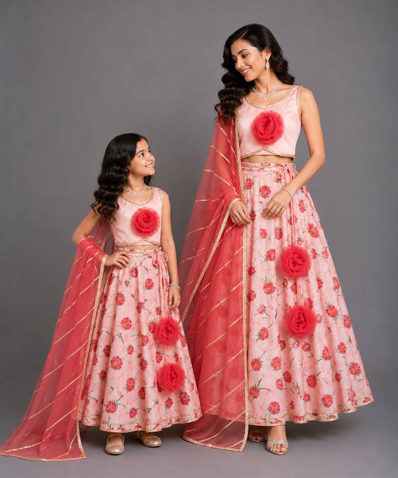 Baby pink printed chanderi mother daughter lehenga combo set