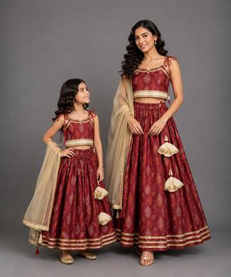 Maroon embroidered chanderi mother daughter lehenga combo set 1