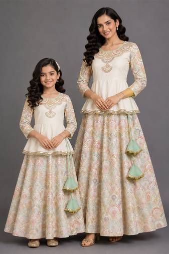 Off white embroidered cotton silk kurti mother daughter lehenga combo set