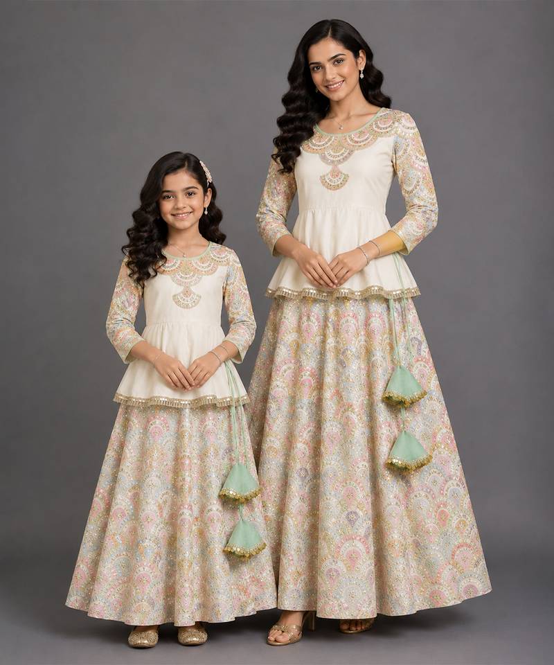 Off white embroidered cotton silk kurti mother daughter lehenga combo set