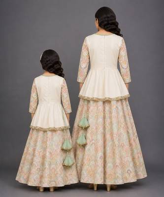 Off white embroidered cotton silk kurti mother daughter lehenga combo set 2