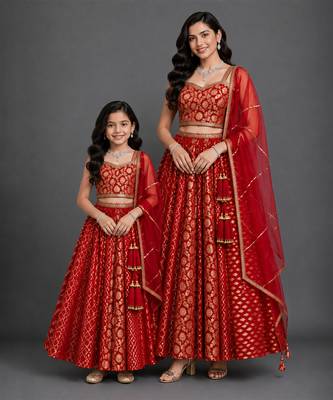 Deep red embroidered chanderi mother daughter lehenga combo set 1