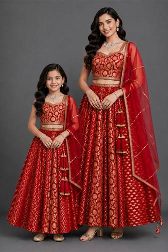 Deep red embroidered chanderi mother daughter lehenga combo set