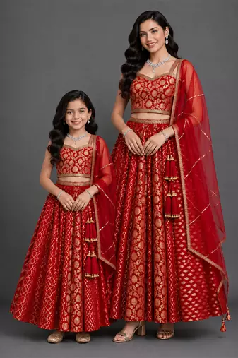 Deep red embroidered chanderi mother daughter lehenga combo set