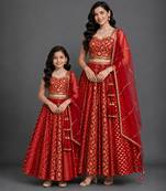 Deep red embroidered chanderi mother daughter lehenga combo set