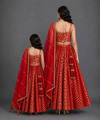 Deep red embroidered chanderi mother daughter lehenga combo set 2
