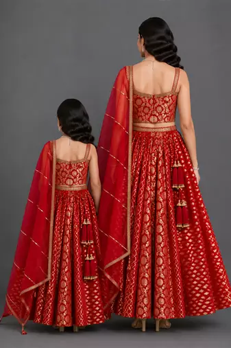 Deep red embroidered chanderi mother daughter lehenga combo set