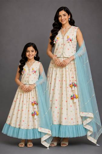 Off white printed cotton silk mother daughter lehenga combo set