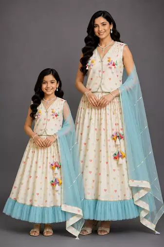 Off white printed cotton silk mother daughter lehenga combo set