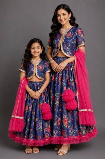 Purple printed cotton silk mother daughter lehenga combo set