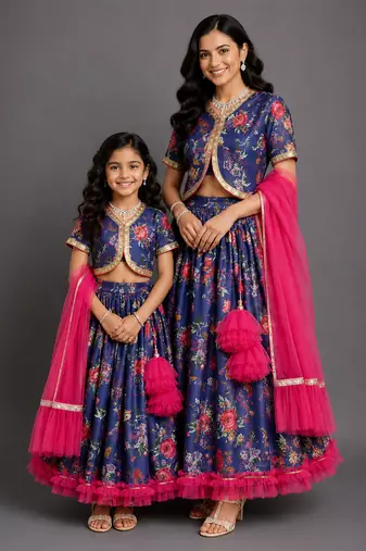 Purple printed cotton silk mother daughter lehenga combo set