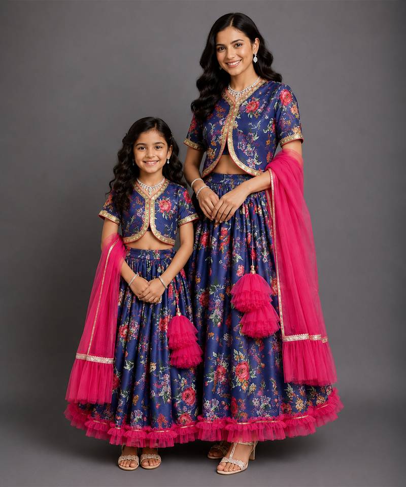 Purple printed cotton silk mother daughter lehenga combo set