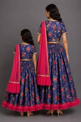 Purple printed cotton silk mother daughter lehenga combo set