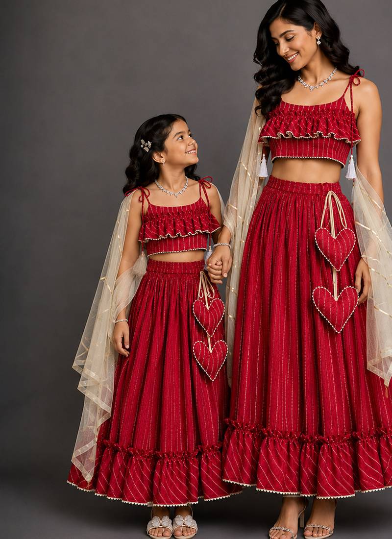 Deep red embroidered cotton silk mother daughter lehenga combo set