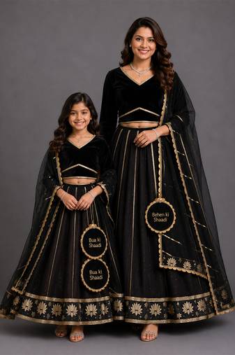 Black gold embroidered cotton silk mother daughter lehenga combo set