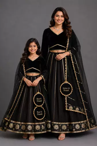 Black gold embroidered cotton silk mother daughter lehenga combo set