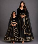 Black gold embroidered cotton silk mother daughter lehenga combo set