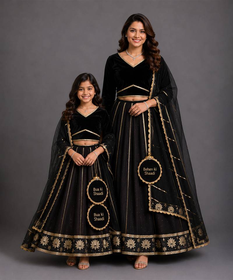 Black gold embroidered cotton silk mother daughter lehenga combo set
