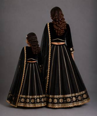 Black gold embroidered cotton silk mother daughter lehenga combo set 2