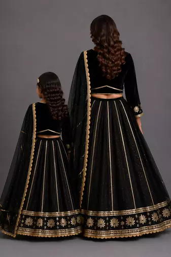 Black gold embroidered cotton silk mother daughter lehenga combo set