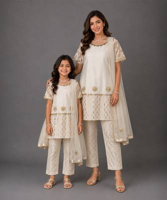 Off white embroidered chanderi cotton silk mother daughter kurti combo set 1