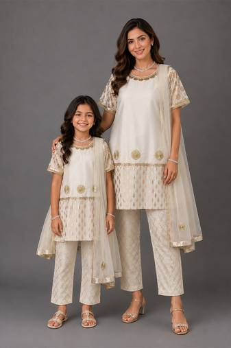 Off white embroidered chanderi cotton silk mother daughter kurti combo set