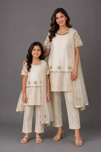 Off white embroidered chanderi cotton silk mother daughter kurti combo set