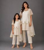Off white embroidered chanderi cotton silk mother daughter kurti combo set