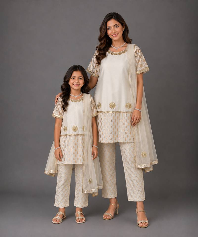 Off white embroidered chanderi cotton silk mother daughter kurti combo set