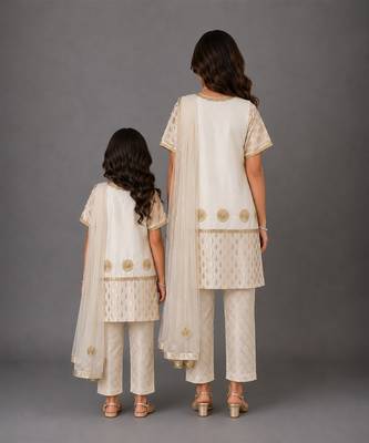 Off white embroidered chanderi cotton silk mother daughter kurti combo set 2