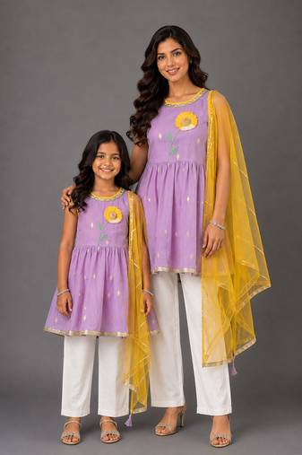 Purple off white embroidered cotton silk mother daughter kurti combo set