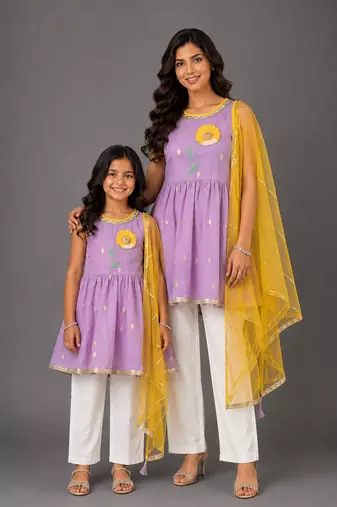 Purple off white embroidered cotton silk mother daughter kurti combo set