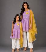 Purple off white embroidered cotton silk mother daughter kurti combo set
